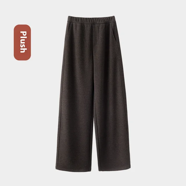 Autumn And Winter Straight Wool Heating Loose Slimming And Simple High Waist Casual Pants Coffee Color Plus Velvet - Shop at LoveMi