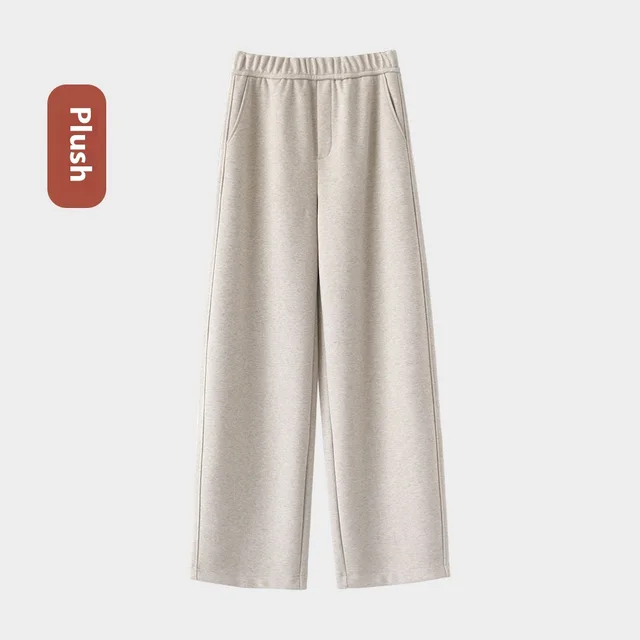 Autumn And Winter Straight Wool Heating Loose Slimming And Simple High Waist Casual Pants Oat Plus Velvet - Shop at LoveMi
