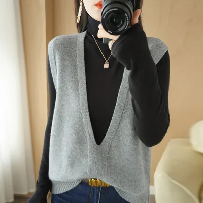 Solid Color Pullover Outerwear Knitted Vest Gray - Shop at LoveMi