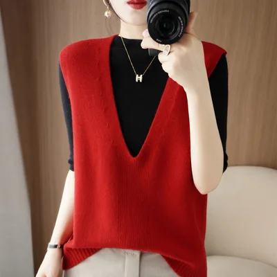 Solid Color Pullover Outerwear Knitted Vest Red - Shop at LoveMi