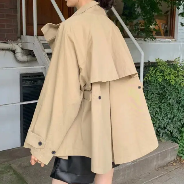 Retro Loose Long Sleeve Short Trench Coat Women Khaki - Shop at LoveMi