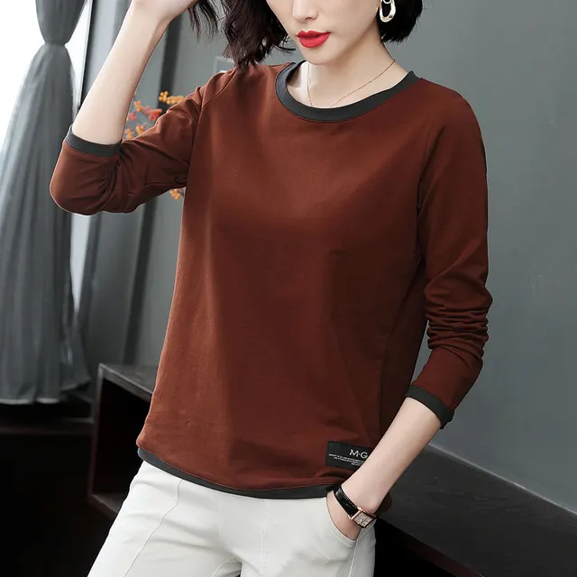 Women's Patchwork Round Neck Long sleeved T shirt Brown - Shop at LoveMi