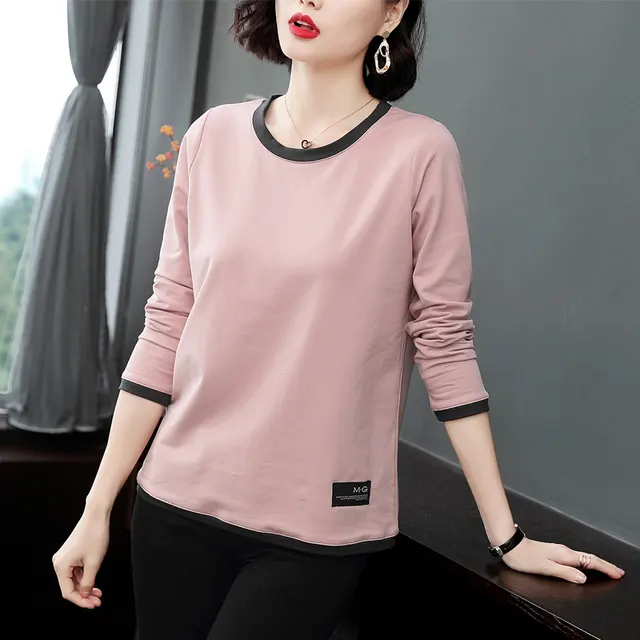 Women's Patchwork Round Neck Long sleeved T shirt Pink - Shop at LoveMi