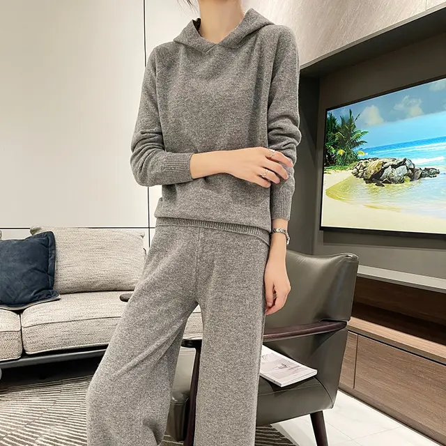New Fashion Hooded Loose Top Knitted Wide Leg Pants Gray - Shop at LoveMi