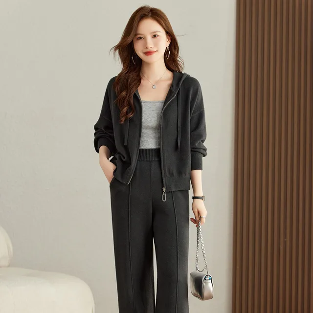 Spring And Autumn Hooded Sweater Knitted Cardigan Wide leg Pants Suit Women Dark Gray - Shop at LoveMi
