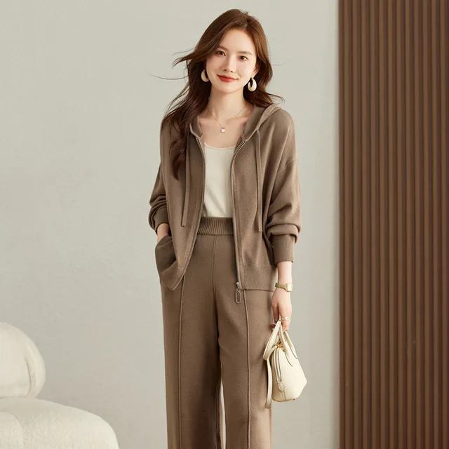 Spring And Autumn Hooded Sweater Knitted Cardigan Wide leg Pants Suit Women Khaki - Shop at LoveMi