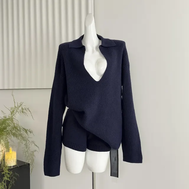 Early Autumn Casual Sports Sunken Stripe Knitwear Shorts Two piece Suit Navy Blue Suit - Shop at LoveMi