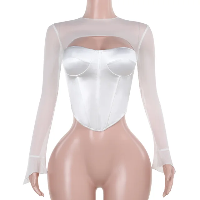 Women's Slim fit Mesh Stitching Chest Cup Long sleeved Top White - Shop at LoveMi