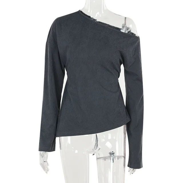Fashion Long Sleeve Slant Shoulder Lazy Top Women Dark Gray - Shop at LoveMi