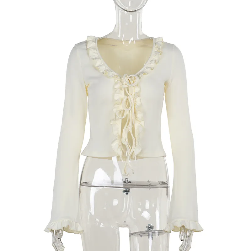 Women's Fashion Frill Lace-up Bell Sleeve Top - Apricot - View 1