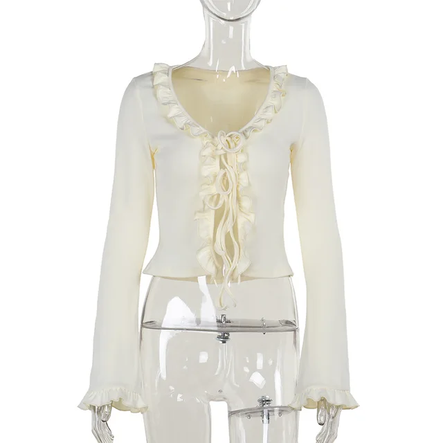 Women's Fashion Frill Lace up Bell Sleeve Top Apricot - Shop at LoveMi