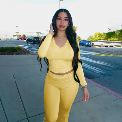 Lace Long Sleeve Short Top High Waist Women's Suit Yellow - Shop at LoveMi