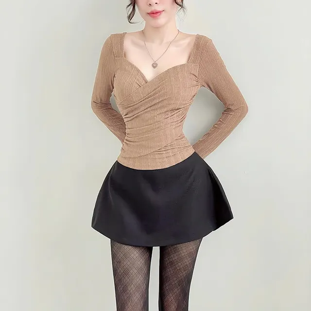 Fashionable Slim fit Waist Pleated Top For Women Khaki - Shop at LoveMi