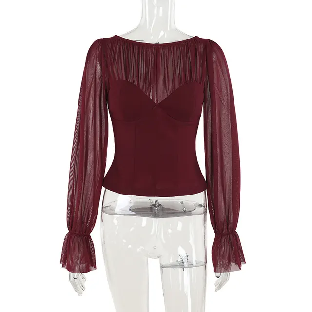 Fashionable Slim fit Mesh Stitching Micro transparent Top Wine Red - Shop at LoveMi