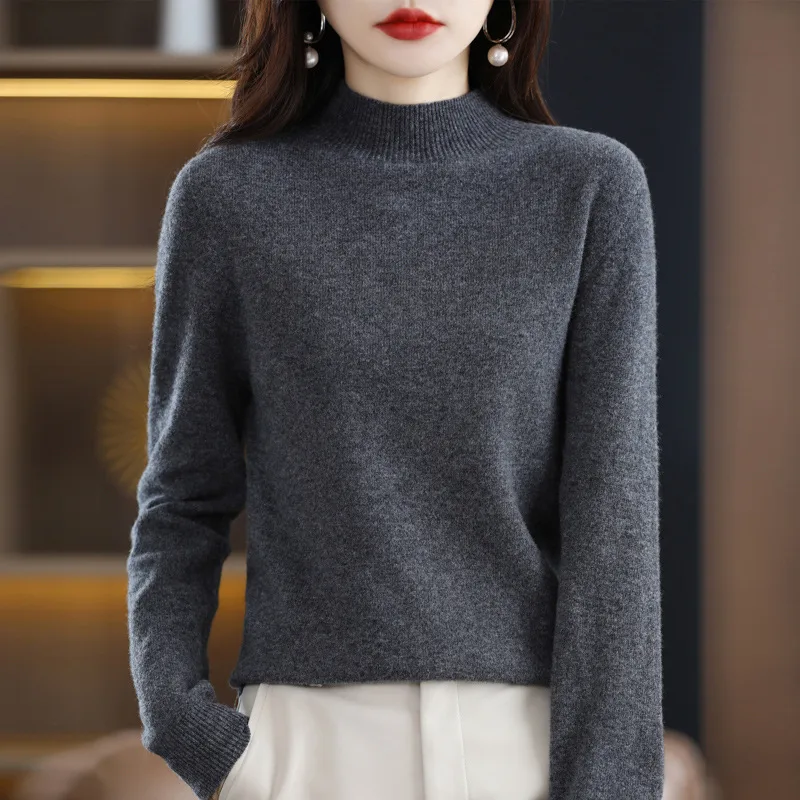 Turtleneck Pullover Women's Solid Color Loose Bottoming Sweater Elephant Gray - Shop at LoveMi