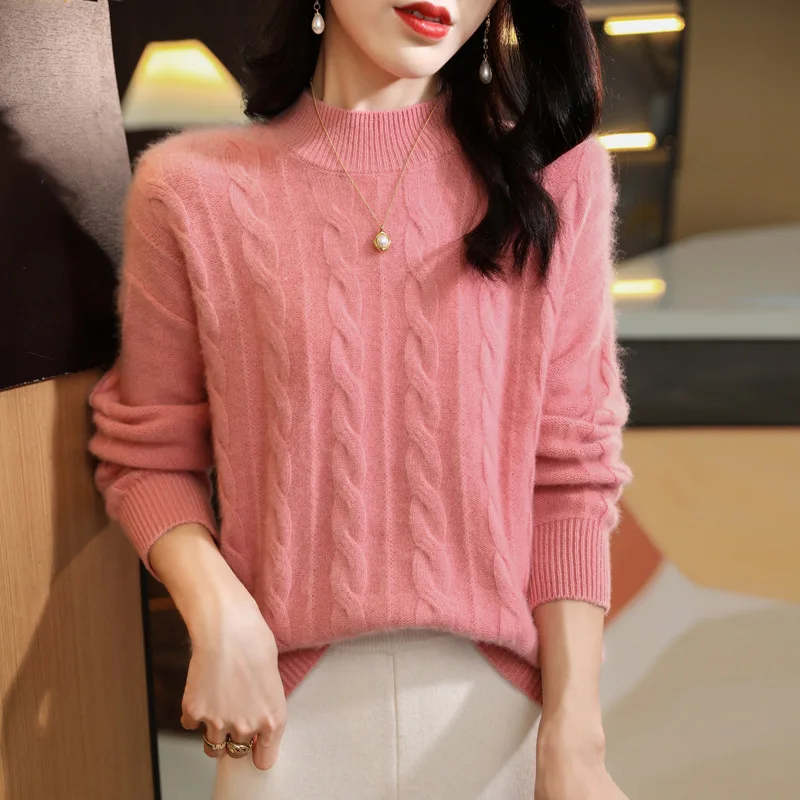 Pure Wool Sweater Women's Half Turtleneck Thick Twist Bottoming Shirt Pink - Shop at LoveMi