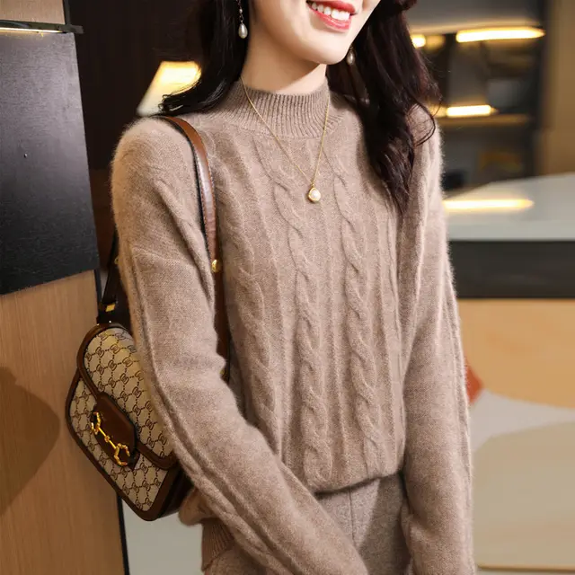 Pure Wool Sweater Women's Half Turtleneck Thick Twist Bottoming Shirt Raw Velvet Camel - Shop at LoveMi