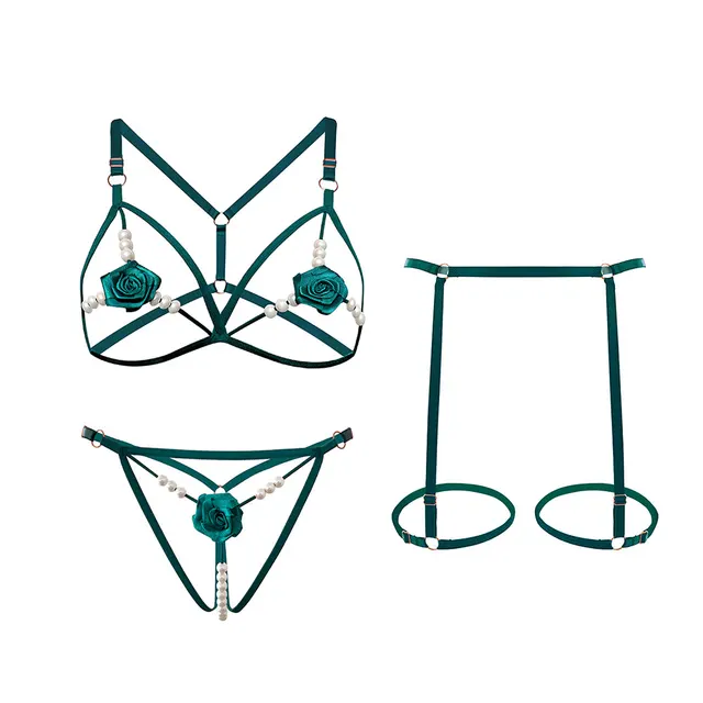 Underwear Small Breast Size Exaggerating Bra Rose Beaded Three point Suit Dark Green - Shop at LoveMi