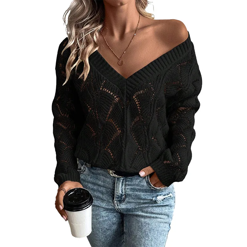 European And American Fashion Hollowed out Knitted Pullover Top Lc2725100 Black - Shop at LoveMi