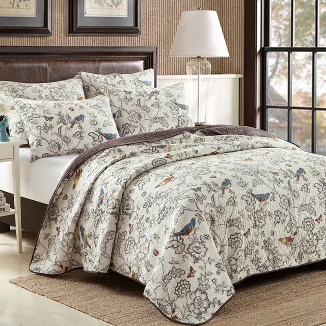 Baihua Niao Pure Cotton Water Scrubbing Quilt Summer Autumn Cool Air Conditioning Three piece Set Flowers And Birds - Shop at LoveMi