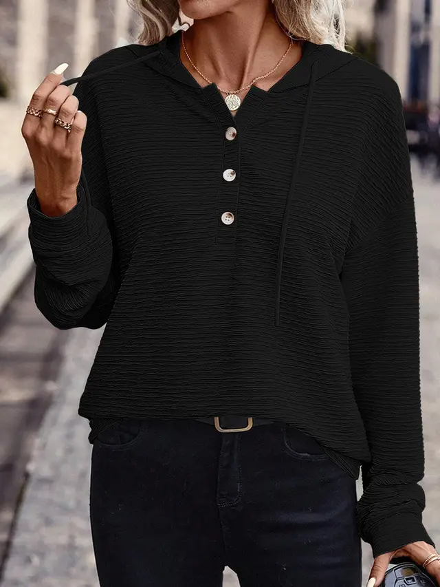 Solid Color Casual Drop shoulder Long sleeve Top Black - Shop at LoveMi
