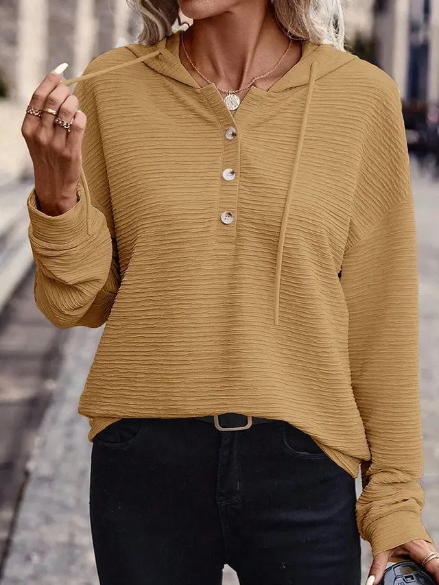 Solid Color Casual Drop shoulder Long sleeve Top Khaki - Shop at LoveMi