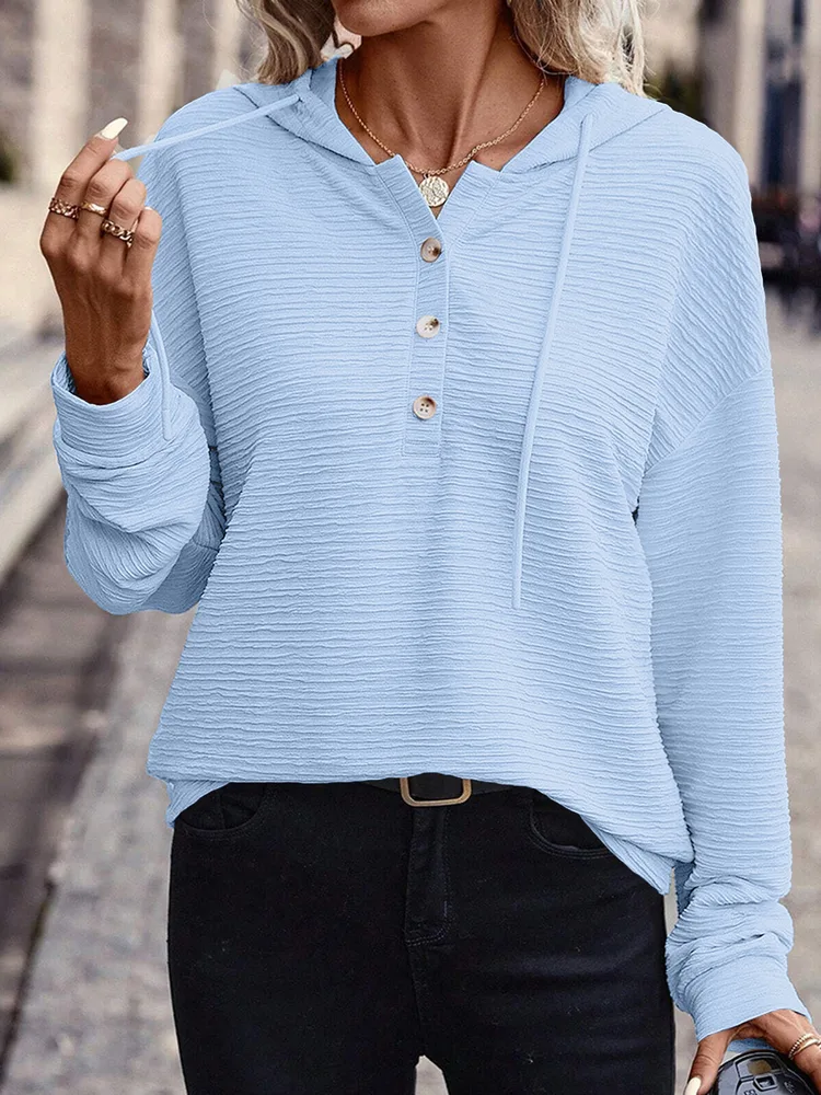 Solid Color Casual Drop-shoulder Long-sleeve Top - Light Blue