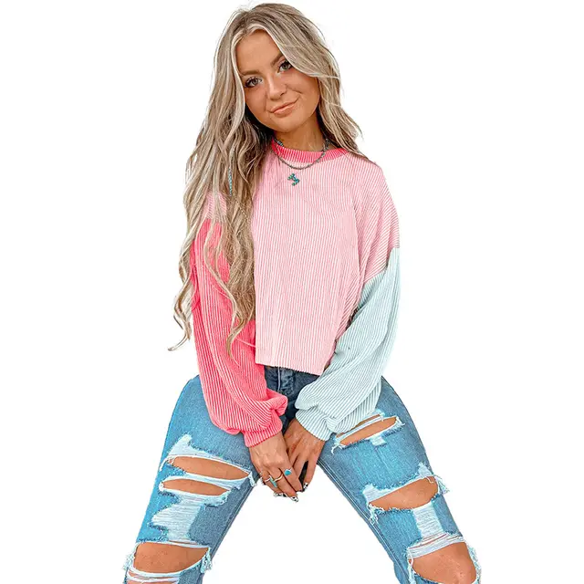 Casual Loose Color Contrast Patchwork Round Neck Women's Sweater Lc25128957P1022 - Shop at LoveMi
