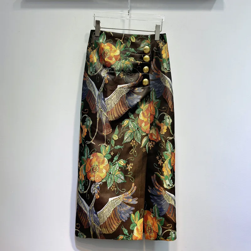 Women's Printed Gold Button Hem Slit High Waisted Skirt As Shown In The Figure - Shop at LoveMi