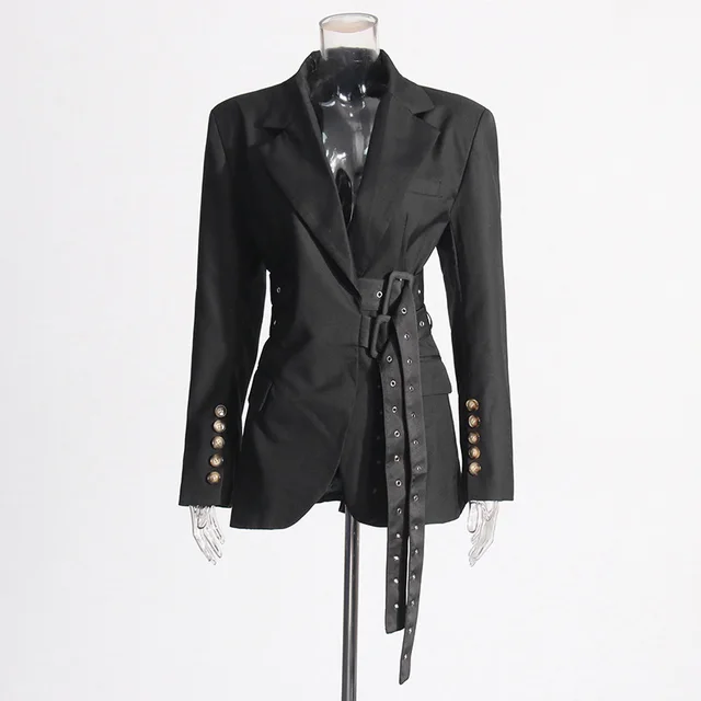 Fashion Lace up Placket Waist Slimming Color Matching Suit Jacket Black - Shop at LoveMi
