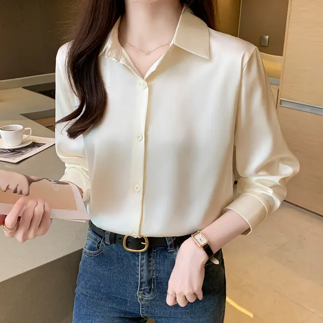 High grade Non ironing Anti wrinkle Shirt Women's Solid Color Acetate Shirt Champagne - Shop at LoveMi
