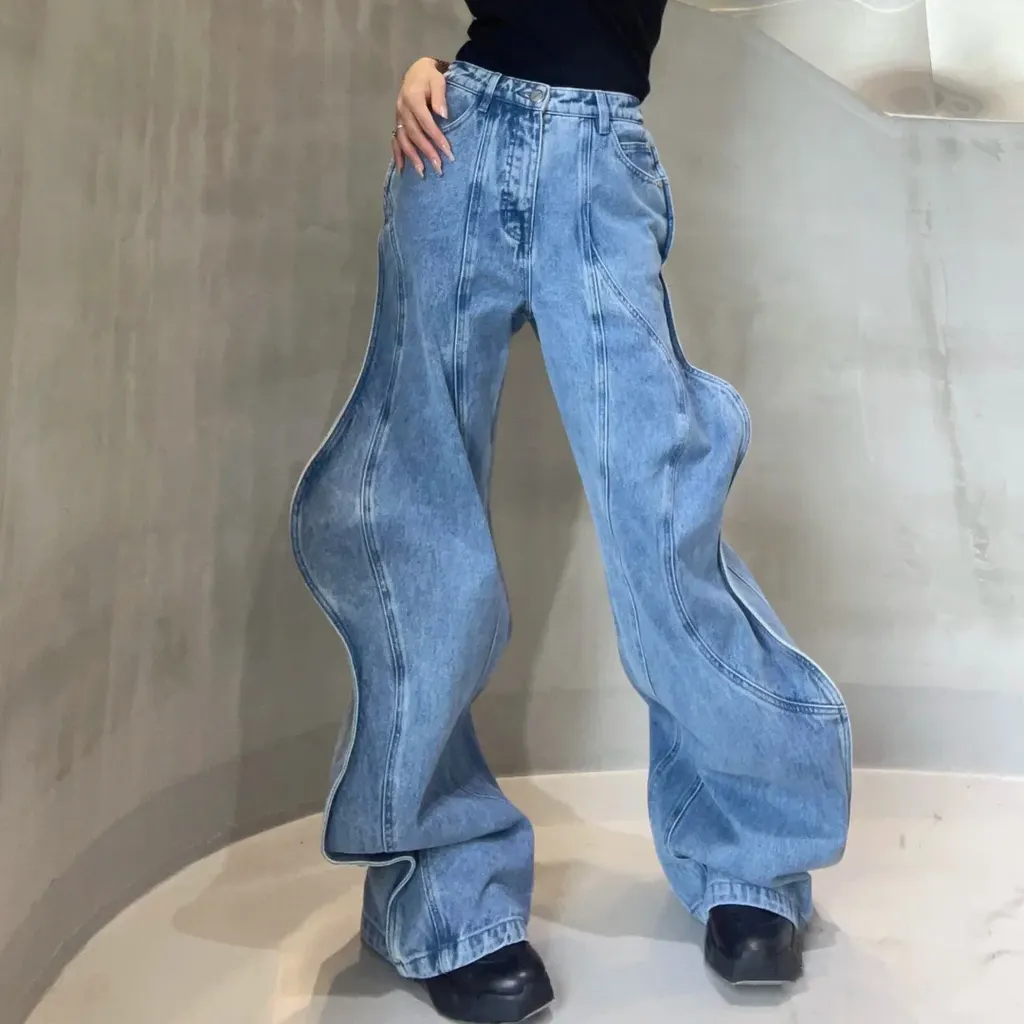 High Waist Asymmetric Wide Leg Jeans - Blue