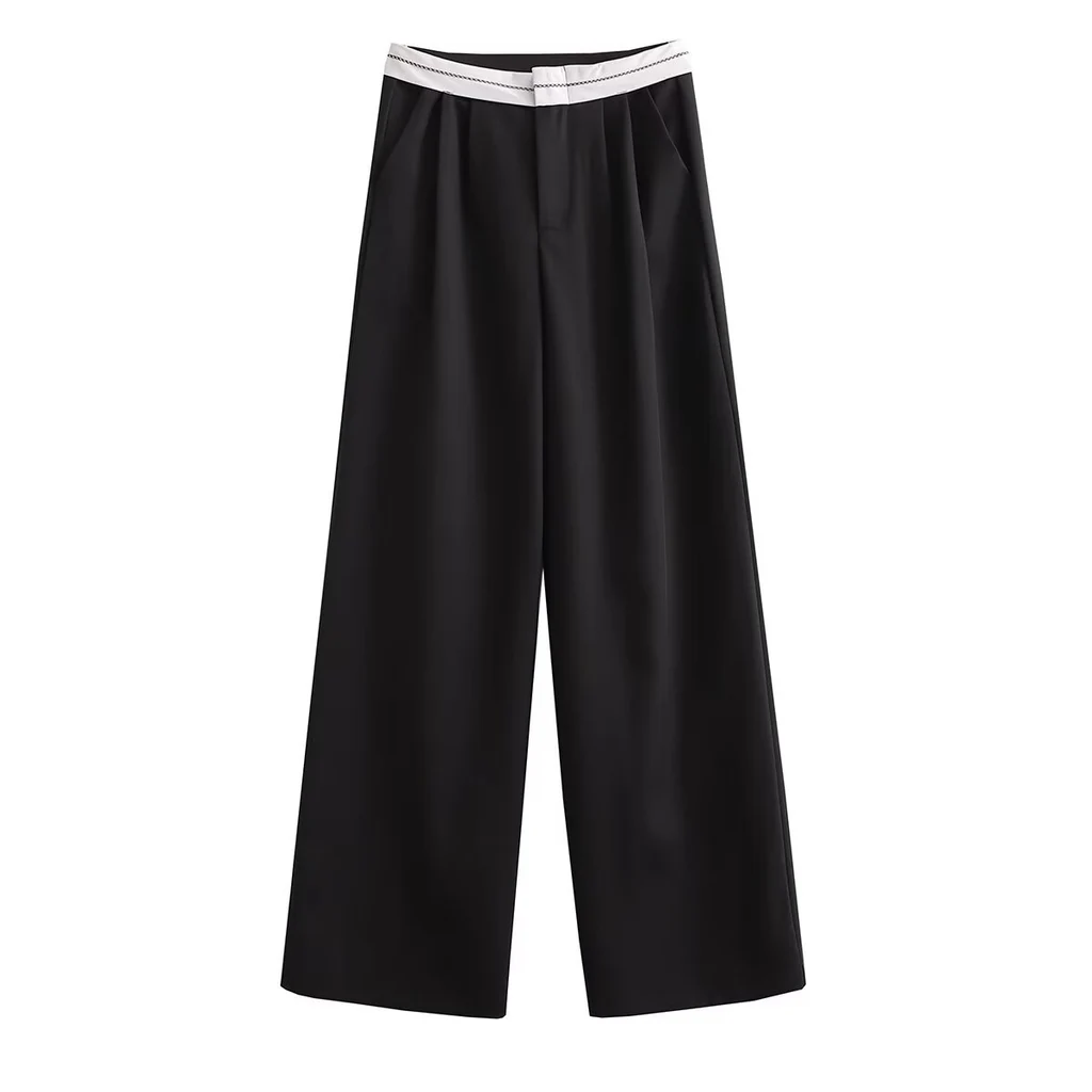 Multi-color High Waist Straight Solid Color Contrast Color Casual Trousers - Black