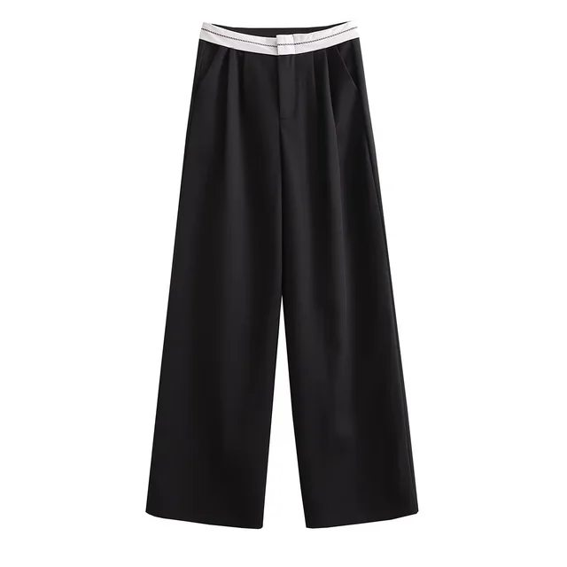 Multi color High Waist Straight Solid Color Contrast Color Casual Trousers Black - Shop at LoveMi