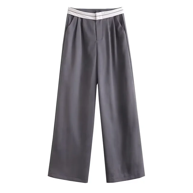 Multi color High Waist Straight Solid Color Contrast Color Casual Trousers Gray - Shop at LoveMi