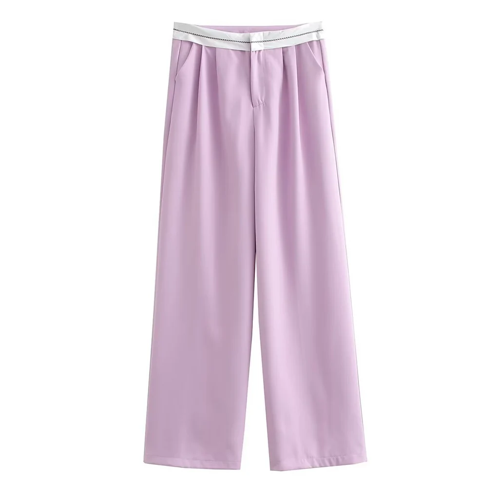 Multi-color High Waist Straight Solid Color Contrast Color Casual Trousers - Violet