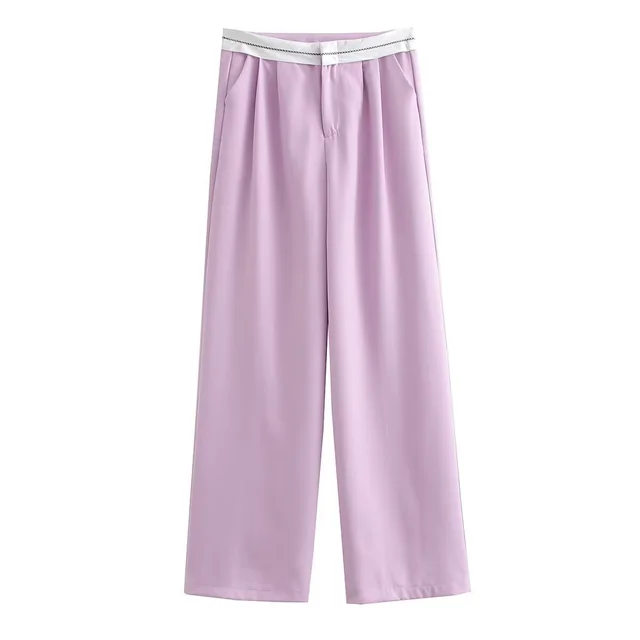 Multi color High Waist Straight Solid Color Contrast Color Casual Trousers Violet - Shop at LoveMi