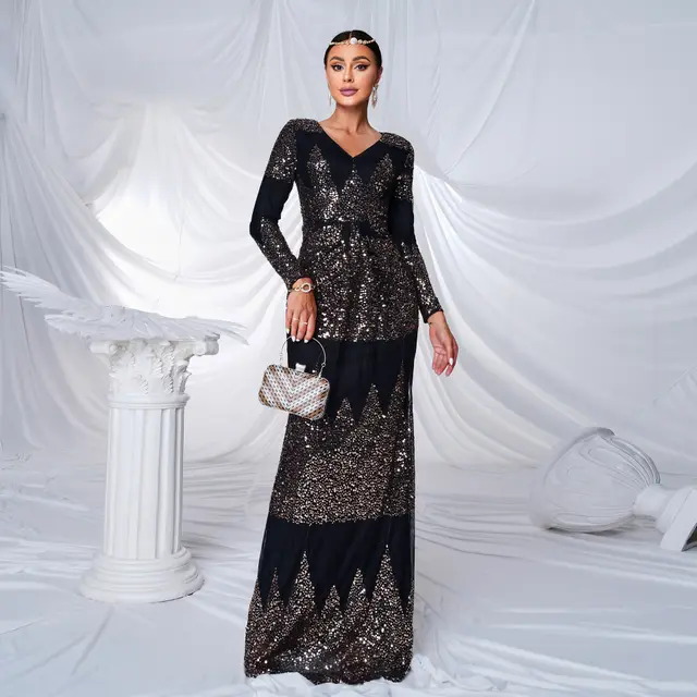 Long Sleeve V neck Sexy Slim fit Long Sequined Banquet Evening Dress Black - Shop at LoveMi