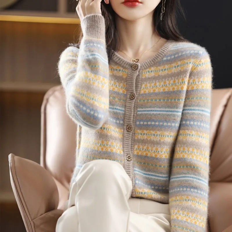 Women's Knitted Cardigan Mixed Color Stripe Contrast Color Jacquard Soft Glutinous Sweater Coat Camel - Shop at LoveMi