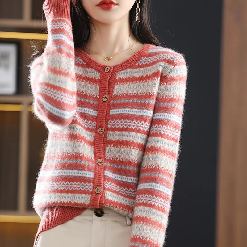Women's Knitted Cardigan Mixed Color Stripe Contrast Color Jacquard Soft Glutinous Sweater Coat Red - Shop at LoveMi