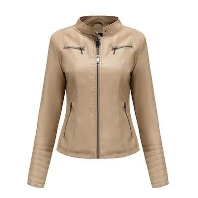 Women's Leather Thin Motorcycle Clothing Short Chic Women's Jacket Apricot - Shop at LoveMi