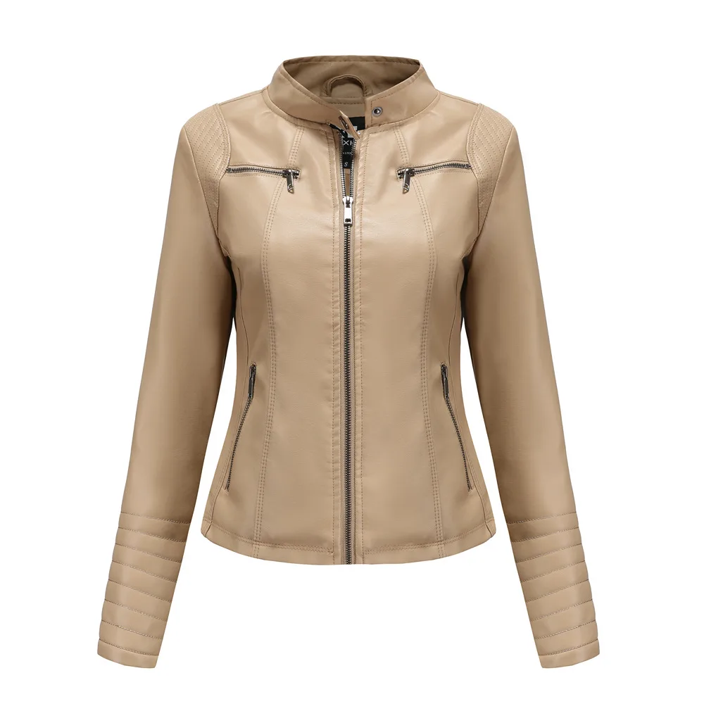 Women's Leather Thin Motorcycle Clothing Short Chic Women's Jacket - Apricot - View 1