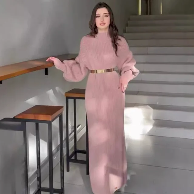 Half Turtleneck Pullover Knitting Long Skirt Pink - Shop at LoveMi
