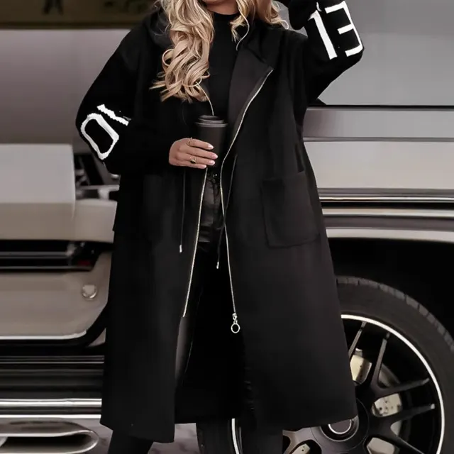 Hooded Windbreaker Long Jacket With Pockets And Drawstring Design Solid Color Knit Sleeved Trench Coat For Women Clothing Fall Winter Black - Shop at LoveMi