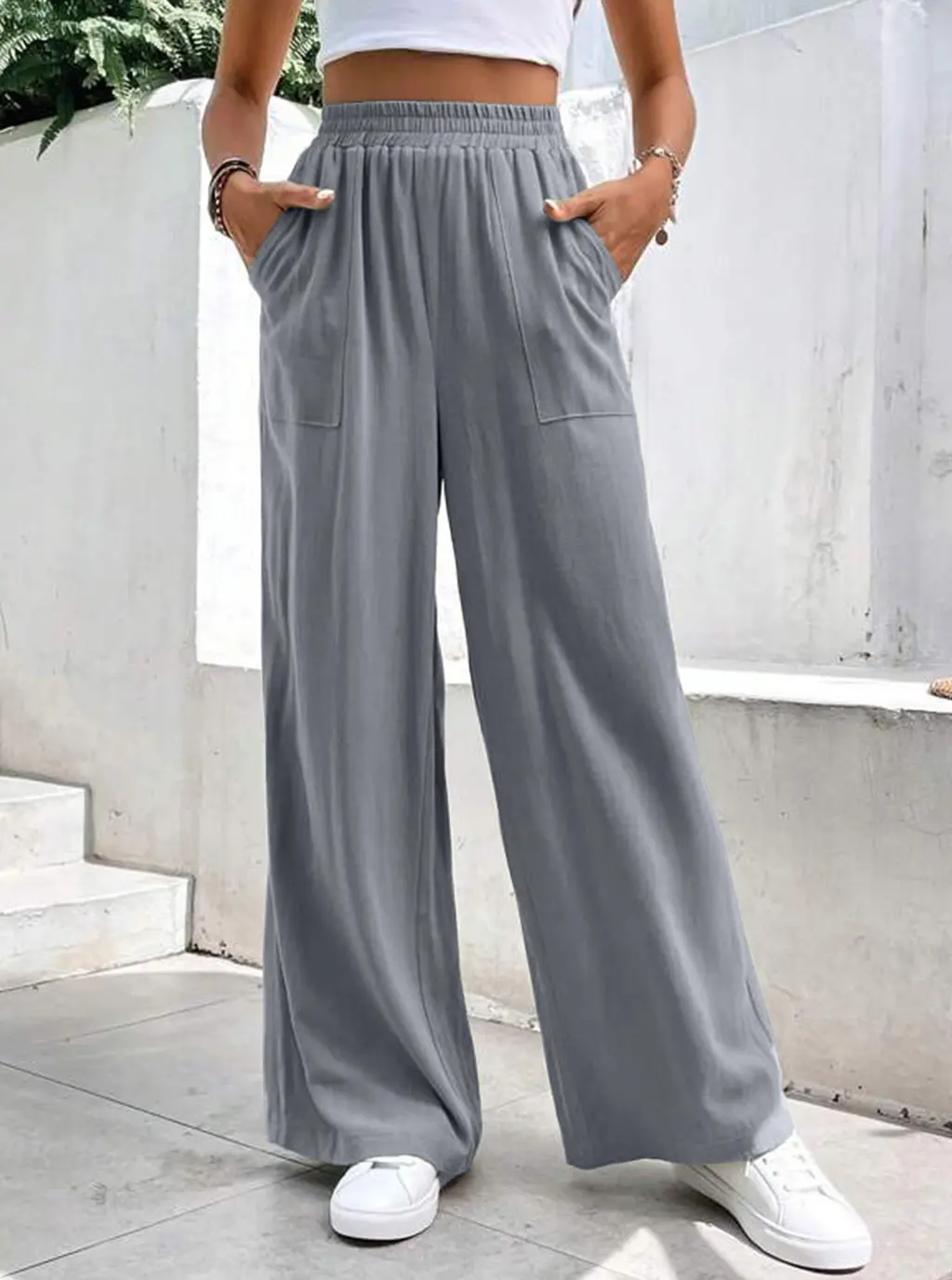 Women Middle-waisted Straight-leg Pants Loose Sports Pocket Casual Trousers - Silver Gray