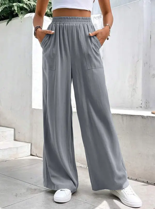 Women Middle waisted Straight leg Pants Loose Sports Pocket Casual Trousers Silver Gray - Shop at LoveMi