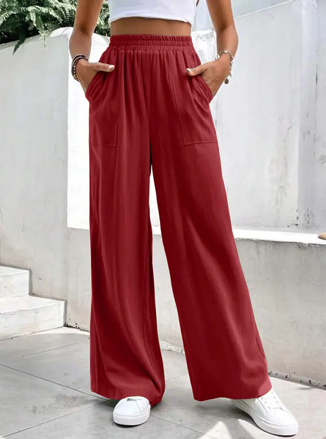 Women Middle waisted Straight leg Pants Loose Sports Pocket Casual Trousers Wine Red - Shop at LoveMi