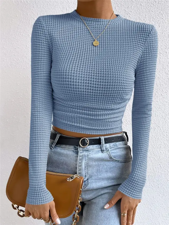 Autumn And Winter Wild Plaid Round Women's Top Sky Blue - Shop at LoveMi