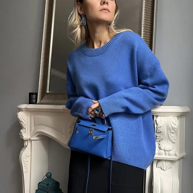 Solid Color Round Neck Sweater Women's Top Blue - Shop at LoveMi