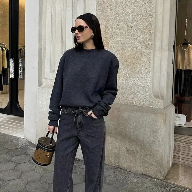 Solid Color Round Neck Sweater Women's Top Dark Gray - Shop at LoveMi